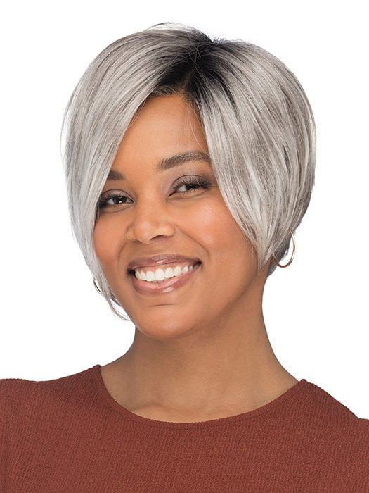 Model is wearing VESPER by ESTETICA in color CHROMERT1B | Gray & White with 25% Medium Brown Blend & Off-Black Roots