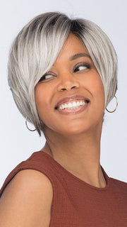 Model is wearing VESPER by ESTETICA in color CHROMERT1B | Gray & White with 25% Medium Brown Blend & Off-Black Roots