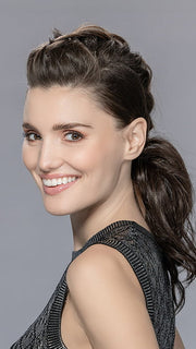 Model is wearing CAVA by ELLEN WILLE in DARK CHOCOLATE MIX 4.6.33 | Darkest/Dark Brown with Dark Auburn Blend