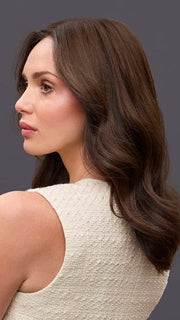 Model is wearing EASITOP LITE LONG HH 14IN by JON RENAU in color 6 FUDGESICLE | Brown