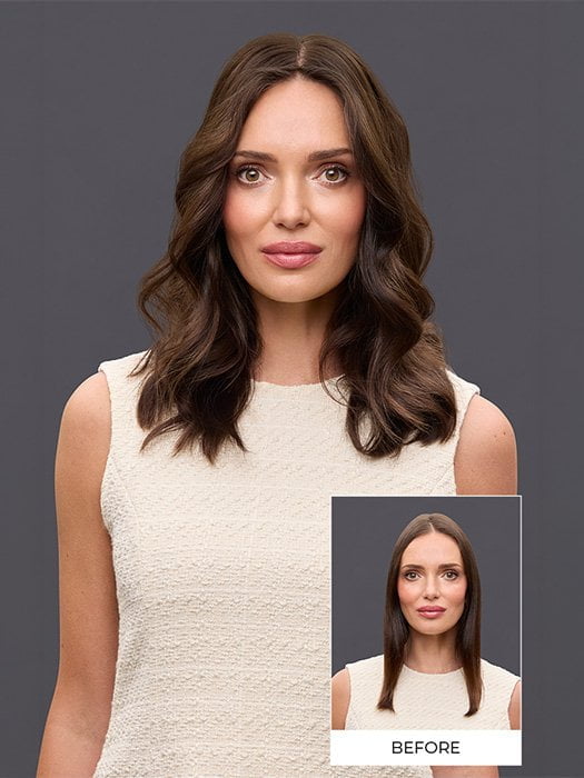 Model is wearing EASITOP LITE LONG HH 14IN by JON RENAU in color 6 FUDGESICLE | Brown