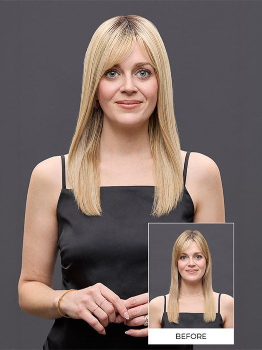 Model is wearing EASITOP LITE PETITE 14 IN by JON RENAU in color 101/88/27S8 CATALINA BLONDE | Pale blonde with Pure White Natural Violet halo highlights, shaded medium brown