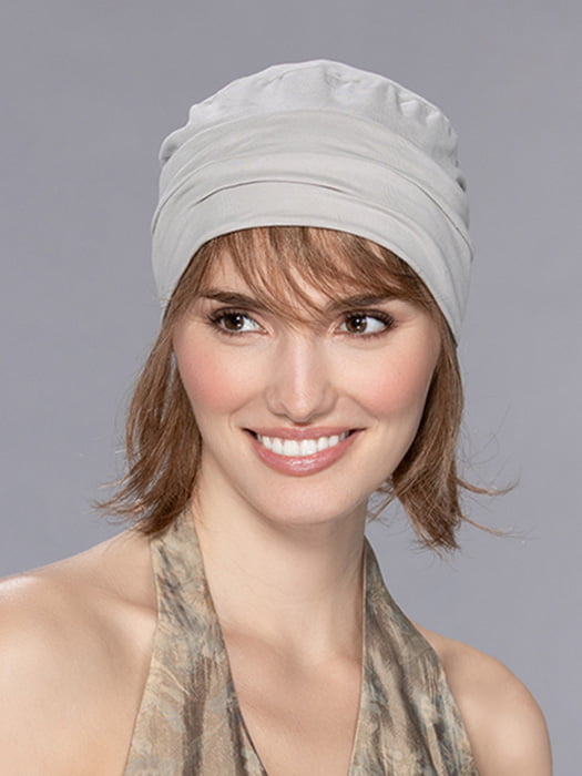 Model is wearing VERBENA by ELLEN WILLE in color MOCCA MIX 830.10 | Medium Brown Blended with Light Auburn and Light Brown Blend