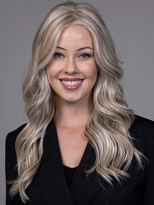 Model is wearing PRIESTLY in color CREAM SODA BLONDE | A warm blend of honey-gold highlights and creamy beige tones over a soft brunette base (Not offered in this color. For illustration purposes only).
