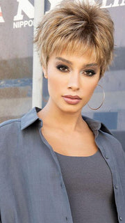 Lizzy by Rene of Paris in MAPLE SUGAR R | Rooted Medium Brown with Light Honey Brown Base and Strawberry Blonde Highlights