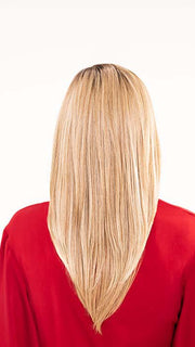 Roxie is wearing JAMES by ESTETICA in color RH1488RT8 | Highlighted Copper Blonde With Golden Brown Roots