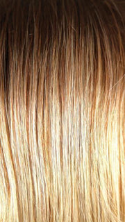  MELTED-SUNSET | Medium brown roots that melt into a peachy light brown blend layered on top of apricot blonde and intense gold blonde at nape