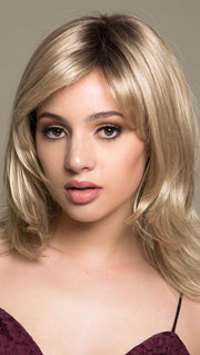 OCEAN by ELLEN WILLE in SANDY BLONDE ROOTED | Medium Honey Blonde, Light Ash Blonde, and Lightest Reddish Brown blend with Dark Roots