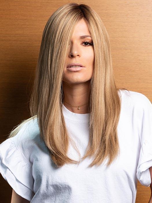 PLF005 by LOUIS FERRE in SPRING ACORN | Dark Brown Root and Medium Blonde Blended with Light Brown Tones (This piece has been styled and straightened)