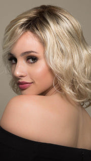 BEACH MONO by ELLEN WILLE in PASTEL BLONDE ROOTED | Platinum, Dark Ash Blonde, and Medium Honey Blonde blends With Dark Roots