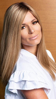 PLF005 by LOUIS FERRE in SPRING ACORN | Dark Brown Root and Medium Blonde Blended with Light Brown Tones (This piece has been styled and straightened)