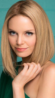 INSPIRE by ELLEN WILLE in SANDY BLONDE ROOTED | Medium Honey Blonde, Light Ash Blonde, and Lightest Reddish Brown blend with Dark Roots (This piece has been styled for this look)