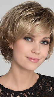 FLAIR MONO by ELLEN WILLE in CARAMEL-ROOTED | Medium Honey Blonde, Dark Ash Blonde, and Medium Golden Blonde blend and Dark Brown Roots