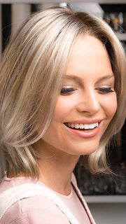 CAMERON PETITE by Jon Renau in FS17/101S18 PALM SPRINGS BLONDE | Light Ash Blonde with Pure White Natural Violet Bold Highlights, Shaded with Dark Natural Ash Blonde (Model is wearing Cameron in an average cap size)