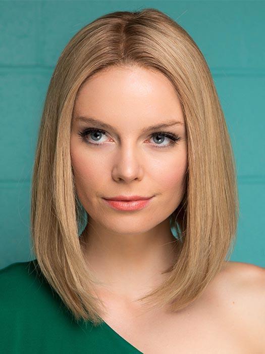 INSPIRE by ELLEN WILLE in SANDY BLONDE ROOTED | Medium Honey Blonde, Light Ash Blonde, and Lightest Reddish Brown blend with Dark Roots (This piece has been styled for this look)