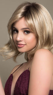 OCEAN by ELLEN WILLE in SANDY BLONDE ROOTED | Medium Honey Blonde, Light Ash Blonde, and Lightest Reddish Brown blend with Dark Roots