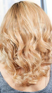 PLF 007HM by LOUIS FERRE in GINGER BLONDE TWIST | Light Blonde Blended with Light Red Tones, and Medium Brown Root (PIECE HAS BEEN CURLED FOR THIS LOOK)