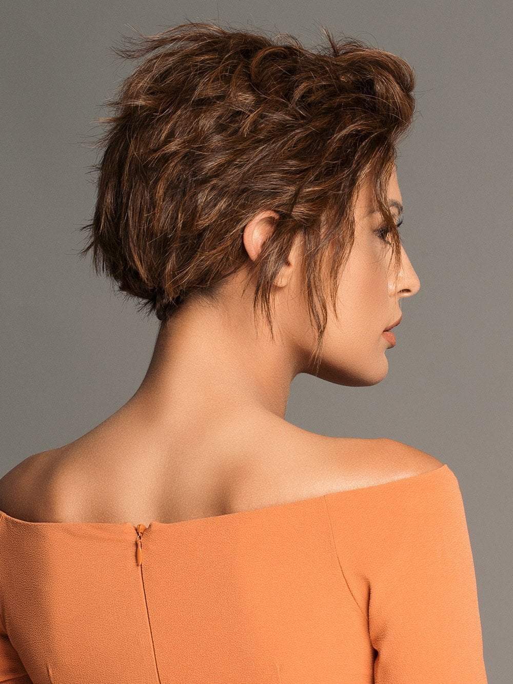 IMPULSE by ELLEN WILLE in NOUGAT ROOTED | Medium-Ash Brown Base, Blended With Medium Neutral Brown, Ash Blonde Highlights & Medium-Neutral Brown Root (This piece has been styled)