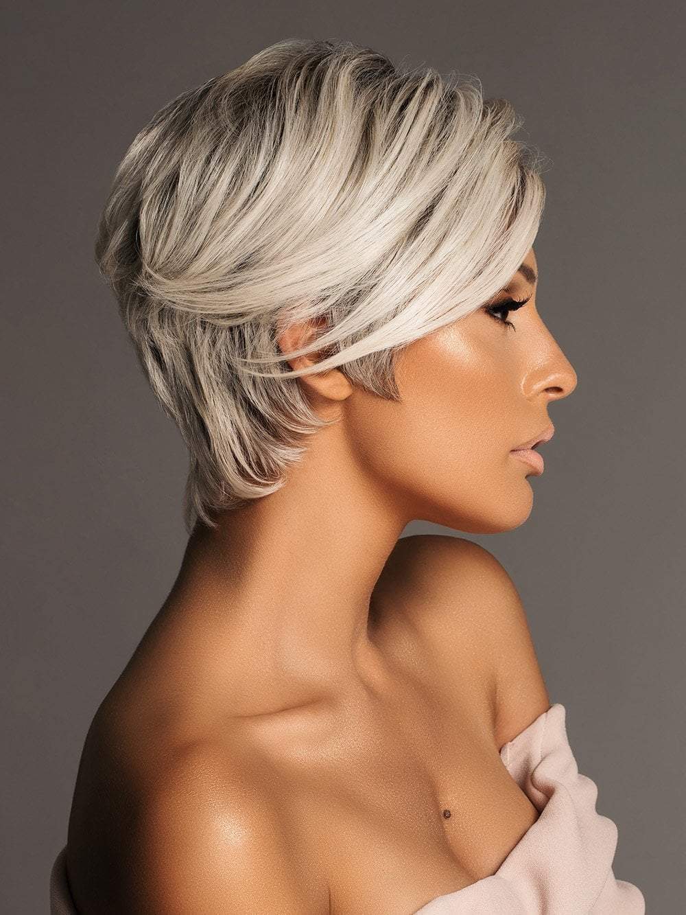 AMAZE by ELLEN WILLE in SILVER ROOTED | Pure Silver White and Pearl Platinum Blonde Blend (Style has been blow dried and shaping creme was used for this look)