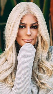 OBSESSION by ELLEN WILLE in CHAMPAGNE ROOTED | Light Ash Blonde, Medium Golden Blonde,and Medium Honey Blonde blend and Dark Roots- (This piece has been styled and curled)