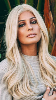OBSESSION by ELLEN WILLE in CHAMPAGNE ROOTED | Light Ash Blonde, Medium Golden Blonde,and Medium Honey Blonde blend and Dark Roots (This piece has been styled and curled)