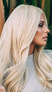 OBSESSION by ELLEN WILLE in CHAMPAGNE ROOTED | Light Ash Blonde, Medium Golden Blonde,and Medium Honey Blonde blend and Dark Roots (This piece has been styled and curled)