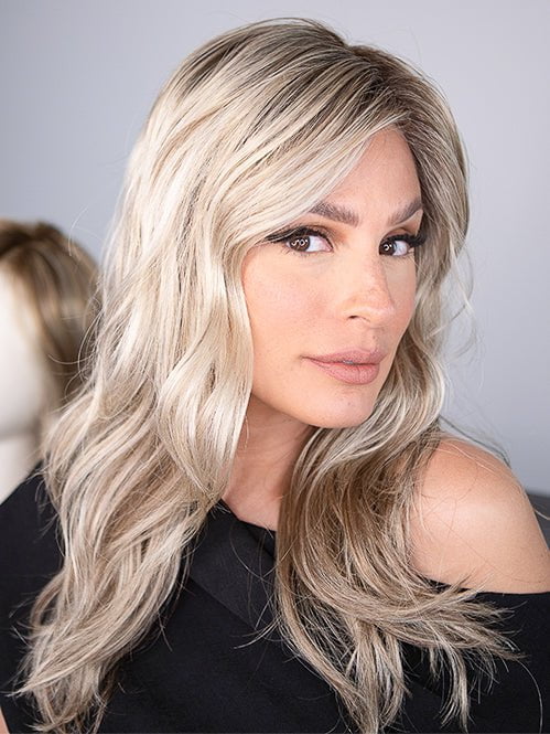 ARROW by ELLEN WILLE in color SAND MULTI ROOTED | Lightest Brown and Medium Ash Blonde Blend with Light Brown Roots