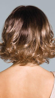 MACADAMIA-LR | The root is soft brown color that melts into a beige blonde color.(PIECE WAS STYLED AND CURLED)