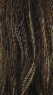 ALMOND ROCKA R | Rooted Dark Golden Brown base color with Strawberry Blonde and Bright Cooper evenly blended highlights