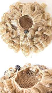 15" long, spiral curl, drawstring pocket 'pony' with three 4-prong combs for secure attachment.