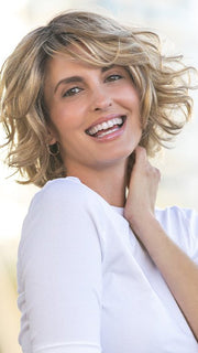 GIA MONO by Envy in SAHARA BLONDE | Softer Dark Blonde with Light Golden Blonde, and features Chestnut Roots