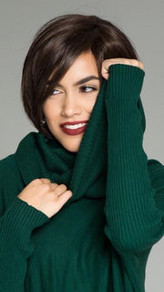 A chin-length, angled bob with a side bang and tapered neckline