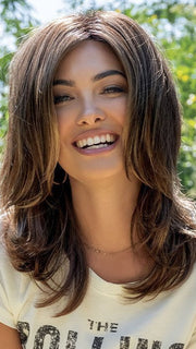 JODIE by Rene of Paris in CHOCOLATE-PRETZEL | Blend of Warm Light Brown and Strawberry Blonde with Dark Roots