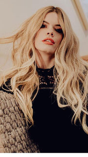 KIM by JON RENAU in 27T613S8 | Medium Natural Red-Gold Blonde and Pale Natural Gold Blonde Blend and Tipped, Shaded with Medium Brown (This piece has been styled and curled)