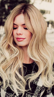 KIM by JON RENAU in 27T613S8 | Medium Natural Red-Gold Blonde and Pale Natural Gold Blonde Blend and Tipped, Shaded with Medium Brown (This piece has been styled and curled)