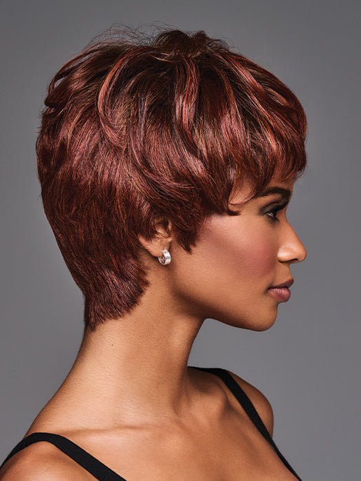The monofilament top can be brushed forward or styled with a sophisticated side part