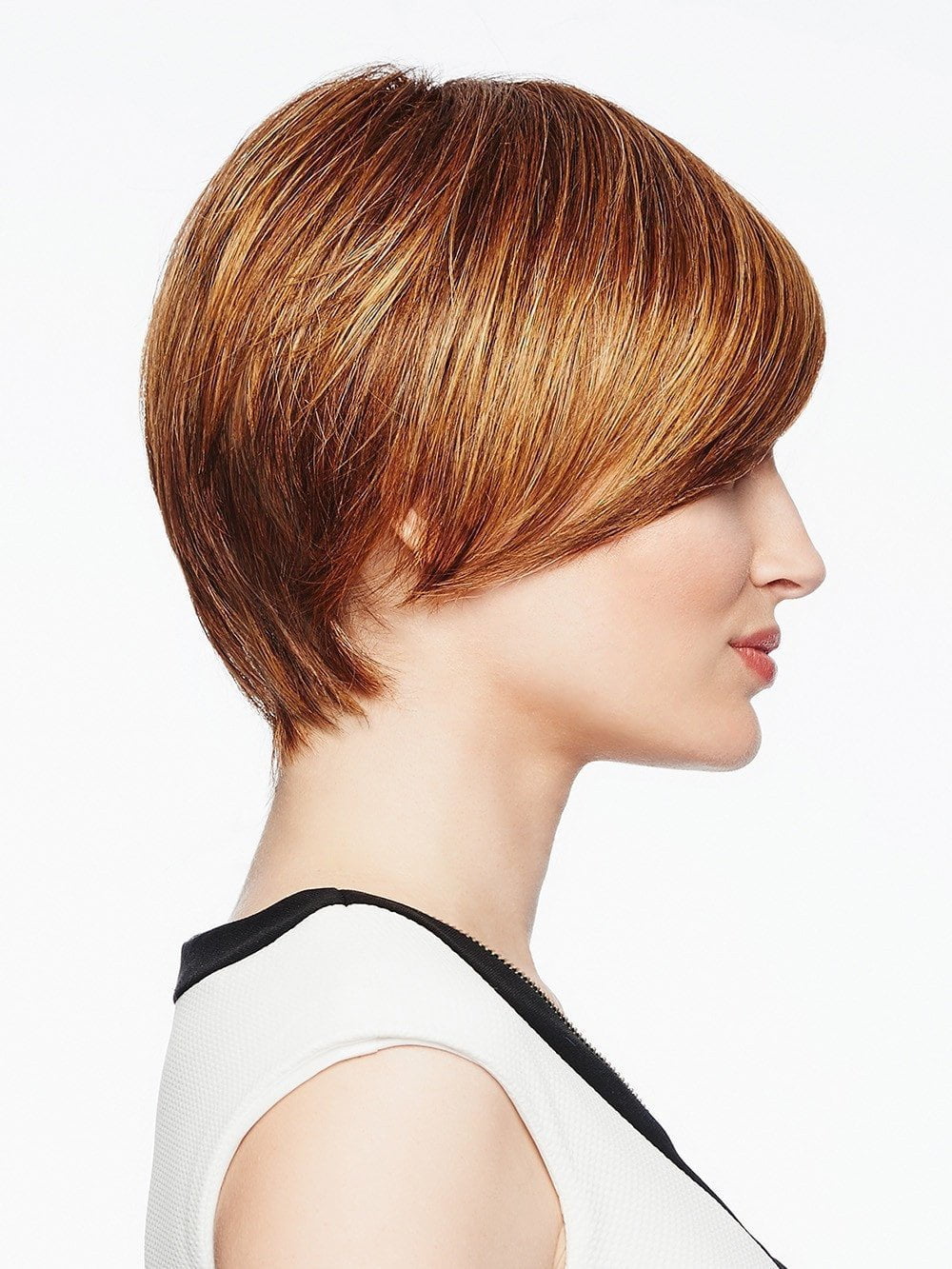 This short wig has a asymmetrical cut and added length on the right top and side.