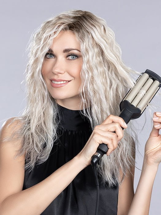 MUSIC by Ellen Wille in METALLIC BLONDE ROOTED 60.101.51 | Pearl White, Pearl Platinum with Dark and Lightest Brown and Grey Blend with Shaded Roots | The wig pictured has been heat styled