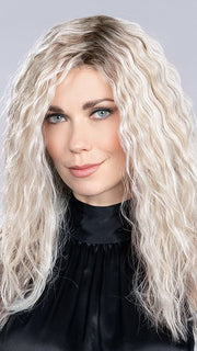 METALLIC BLONDE ROOTED 60.101.51 | Pearl White, Pearl Platinum with Dark and Lightest Brown and Grey Blend with Shaded Roots | The wig pictured has been heat styled