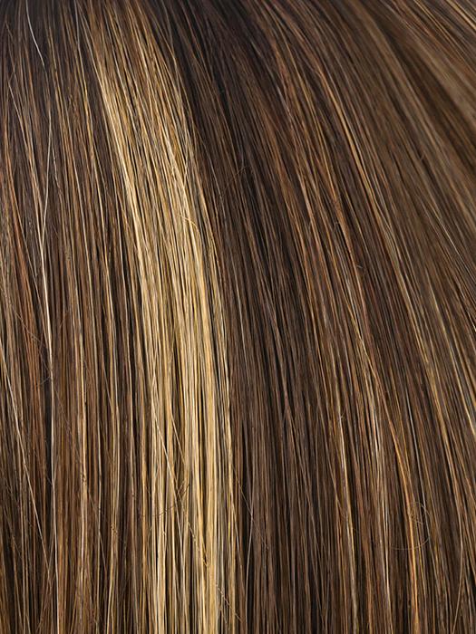 ALMOND ROCKA-R | Dark Golden Brown Base with Strawberry Blonde and Bright Cooper Blended Highlights with Dark Brown roots