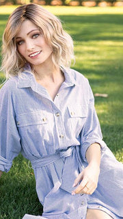 EVANNA MONO by Amore in MELTED-MARSHMALLOW | Subtly Warm Dark Sandy Blonde blend with Medium Brown roots and Light Ash Blonde tips and highlights