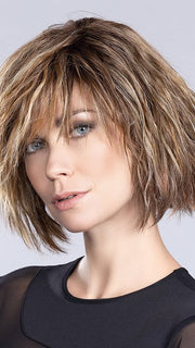 SOUND by Ellen Wille in TOBACCO ROOTED 12.26.27 | Lightest Brown, Light Golden Blonde, and Dark Strawberry Blonde Blend with Shaded Roots | Style shown has been heat styled crimped