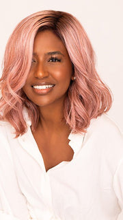 Sophia wearing VERO by RENE OF PARIS in WATERMELON-R | Rich Pastel Pink Base with Subtle Soft Reddish Tone and Soft Dark Brown Roots