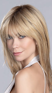 VOICE by Ellen Wille in SAHARA BEIGE ROOTED  26.20.25 | Light Golden Blonde, Light Strawberry Blonde, and Lightest Golden Blonde Blend with Shaded Roots | The style pictured has been cut and heat styled