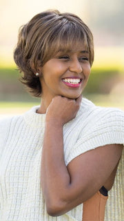 Sophia wearing CARTE BLANCHE by Gabor in G6+ COFFEE MIST | Dark brown base with medium brown highlights