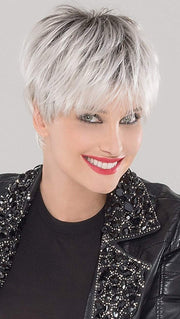 SWING by Ellen Wille in Silver Blonde Rooted Medium Honey Blonde, Light Ash Blonde, and Lightest Reddish Brown blend with Dark Roots