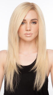 CASCADE by Ellen Wille in LIGHT CHAMPAGNE ROOTED | Pearl Platinum and Light Golden Blonde Blend with Medium Brown Roots  (This piece has been styled and straightened)