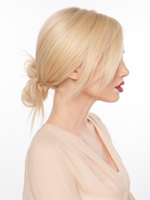 Styled in a low "undone" bun | LIGHT CHAMPAGNE ROOTED | Platinum Blonde, Cool Platinum Blonde, and Light Golden Blonde Blend (Style has been straightened for this loo (This piece has been styled and straightened)
