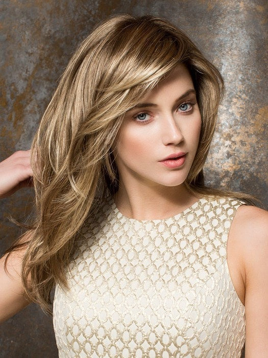 Color Dark-Sand-Rooted = Light Brown base with Lighest Ash Brown and Medium Honey Blonde blend and Dark Roots | Long New by Ellen Wille