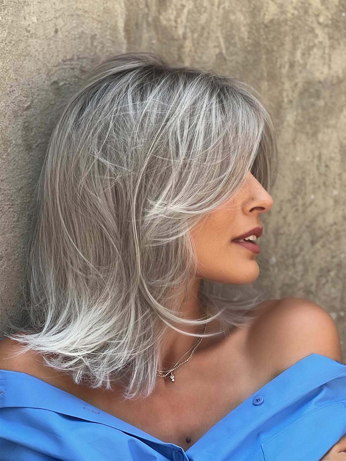 MELODY LARGE by ELLEN WILLE in STONEGREY ROOTED 58.51.56 | Grey with Black/Dark Brown and Lightest Blonde Blend with Shaded Roots